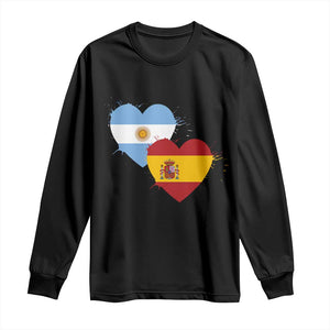 Argentina Spain Flag Two Hearts Graphic Long Sleeve Shirt Dual Argentine Spanish Heritage Love Pride