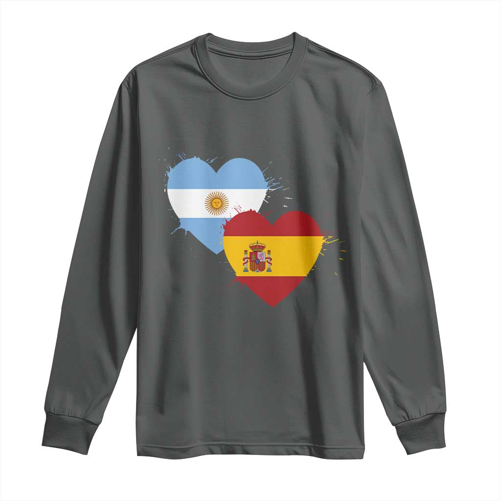 Argentina Spain Flag Two Hearts Graphic Long Sleeve Shirt Dual Argentine Spanish Heritage Love Pride