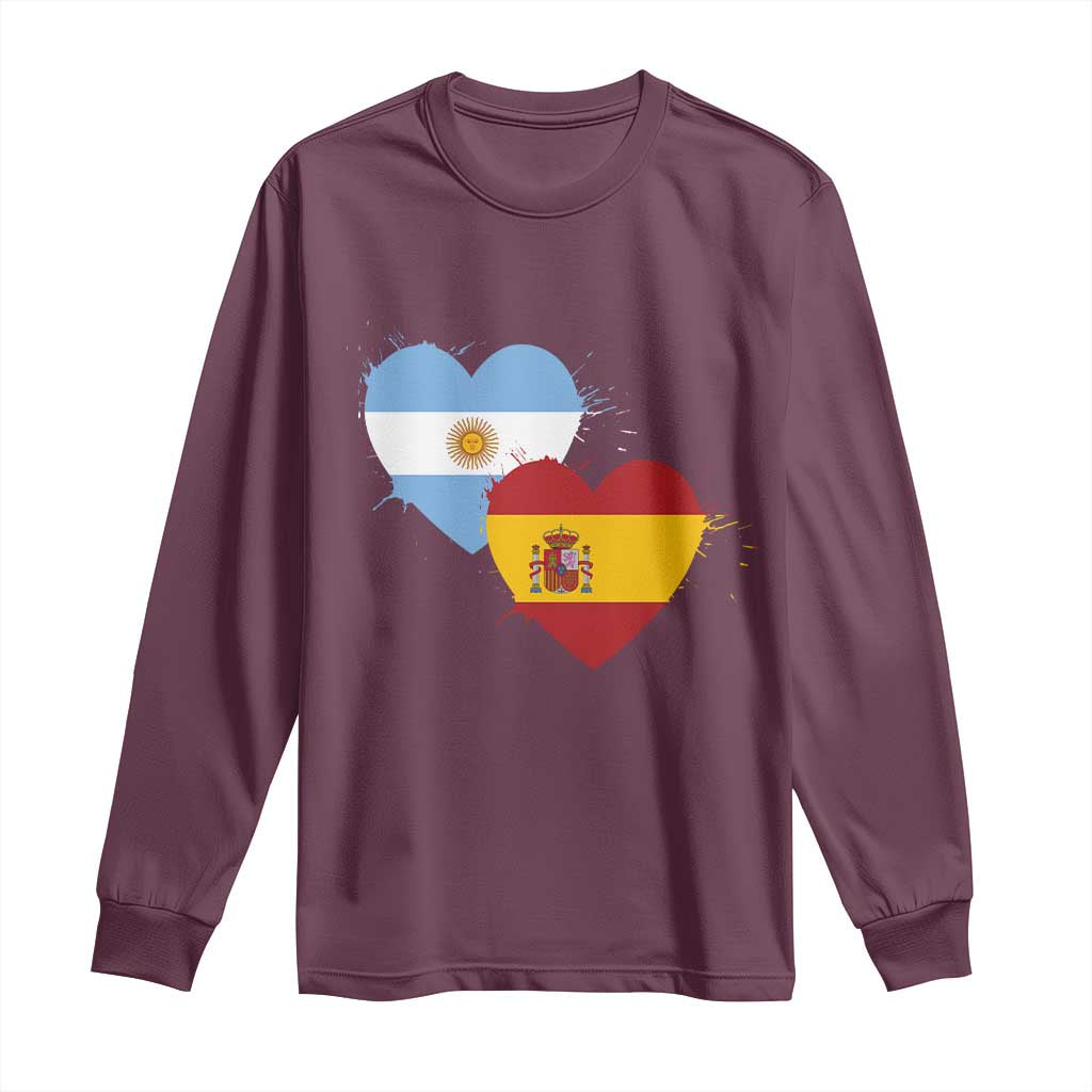Argentina Spain Flag Two Hearts Graphic Long Sleeve Shirt Dual Argentine Spanish Heritage Love Pride