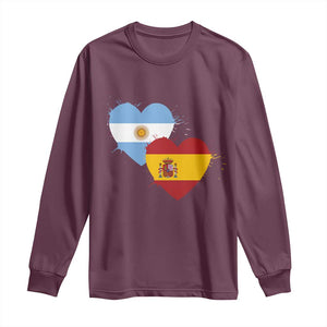 Argentina Spain Flag Two Hearts Graphic Long Sleeve Shirt Dual Argentine Spanish Heritage Love Pride