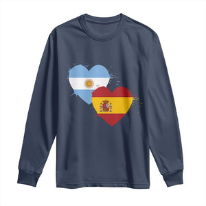 Argentina Spain Flag Two Hearts Graphic Long Sleeve Shirt Dual Argentine Spanish Heritage Love Pride