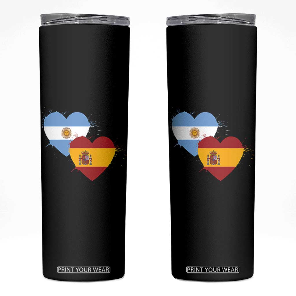 Argentina Spain Flag Two Hearts Graphic Skinny Tumbler Dual Argentine Spanish Heritage Love Pride