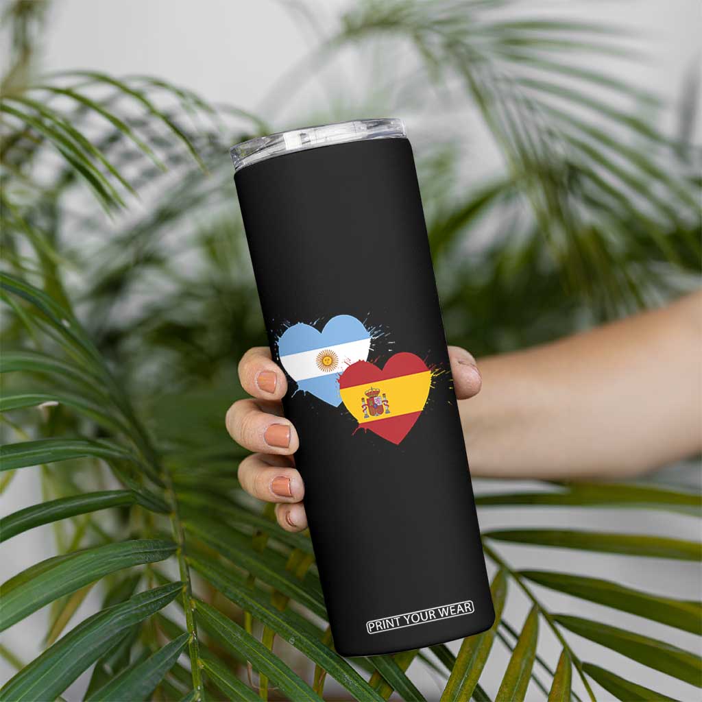 Argentina Spain Flag Two Hearts Graphic Skinny Tumbler Dual Argentine Spanish Heritage Love Pride