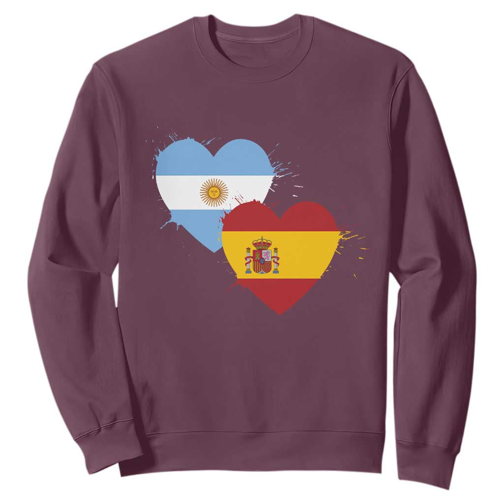 Argentina Spain Flag Two Hearts Graphic Sweatshirt Dual Argentine Spanish Heritage Love Pride