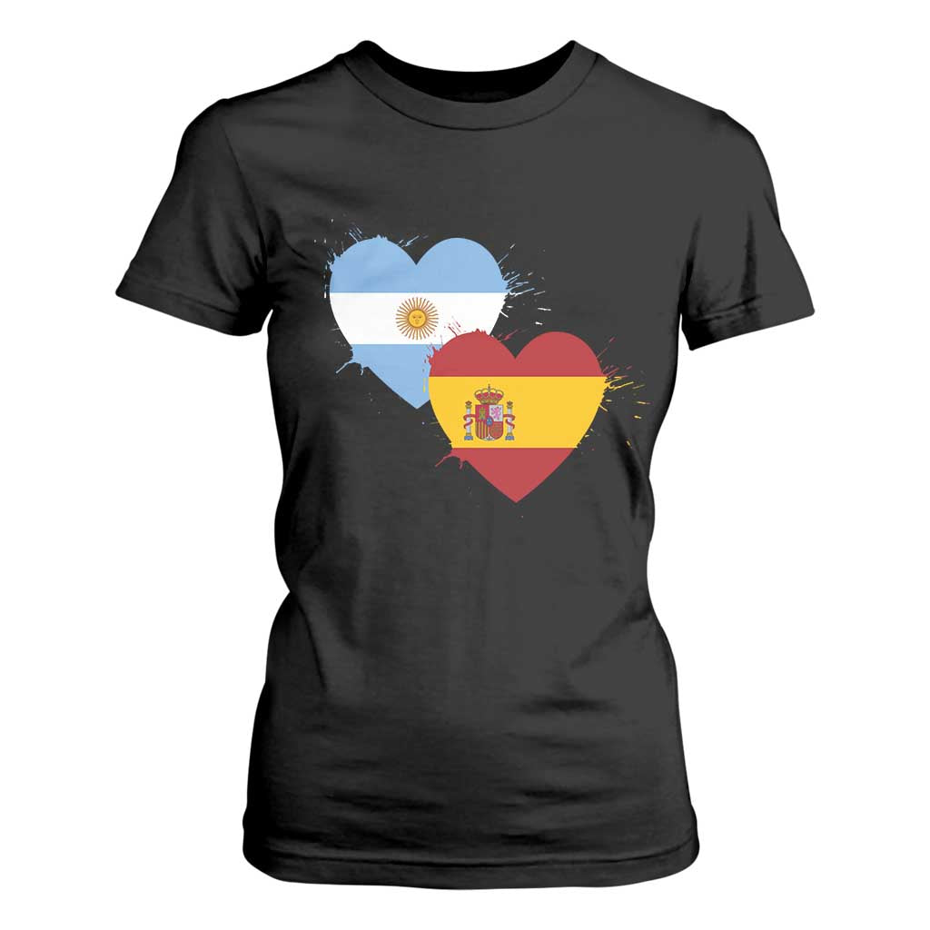 Argentina Spain Flag Two Hearts Graphic T Shirt For Women Dual Argentine Spanish Heritage Love Pride