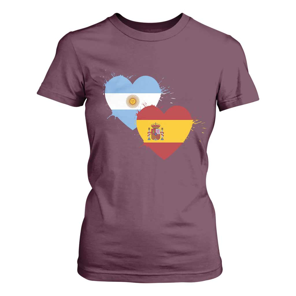 Argentina Spain Flag Two Hearts Graphic T Shirt For Women Dual Argentine Spanish Heritage Love Pride