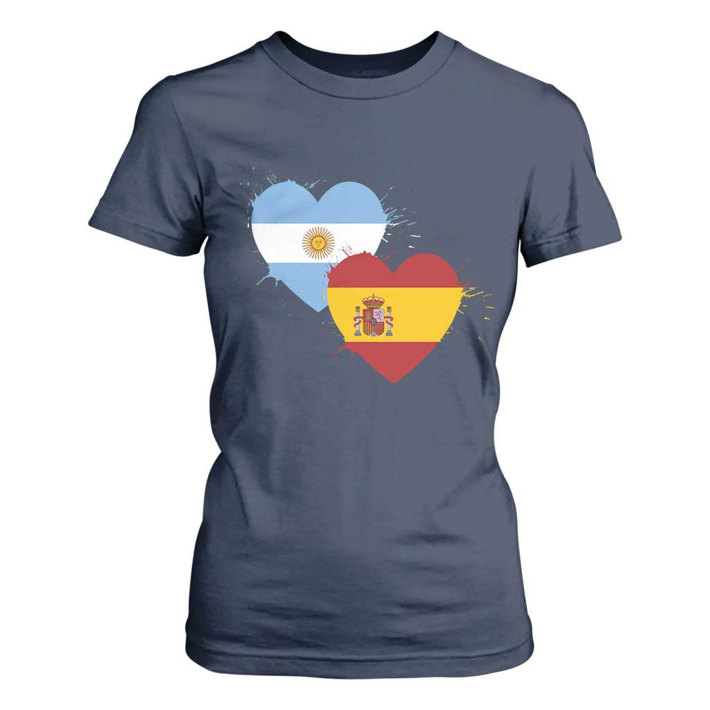 Argentina Spain Flag Two Hearts Graphic T Shirt For Women Dual Argentine Spanish Heritage Love Pride