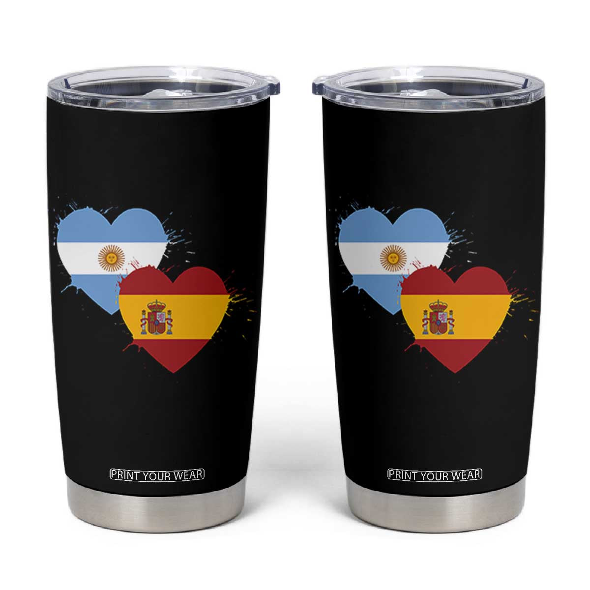 Argentina Spain Flag Two Hearts Graphic Tumbler Cup Dual Argentine Spanish Heritage Love Pride