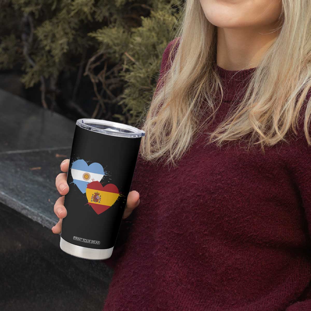 Argentina Spain Flag Two Hearts Graphic Tumbler Cup Dual Argentine Spanish Heritage Love Pride