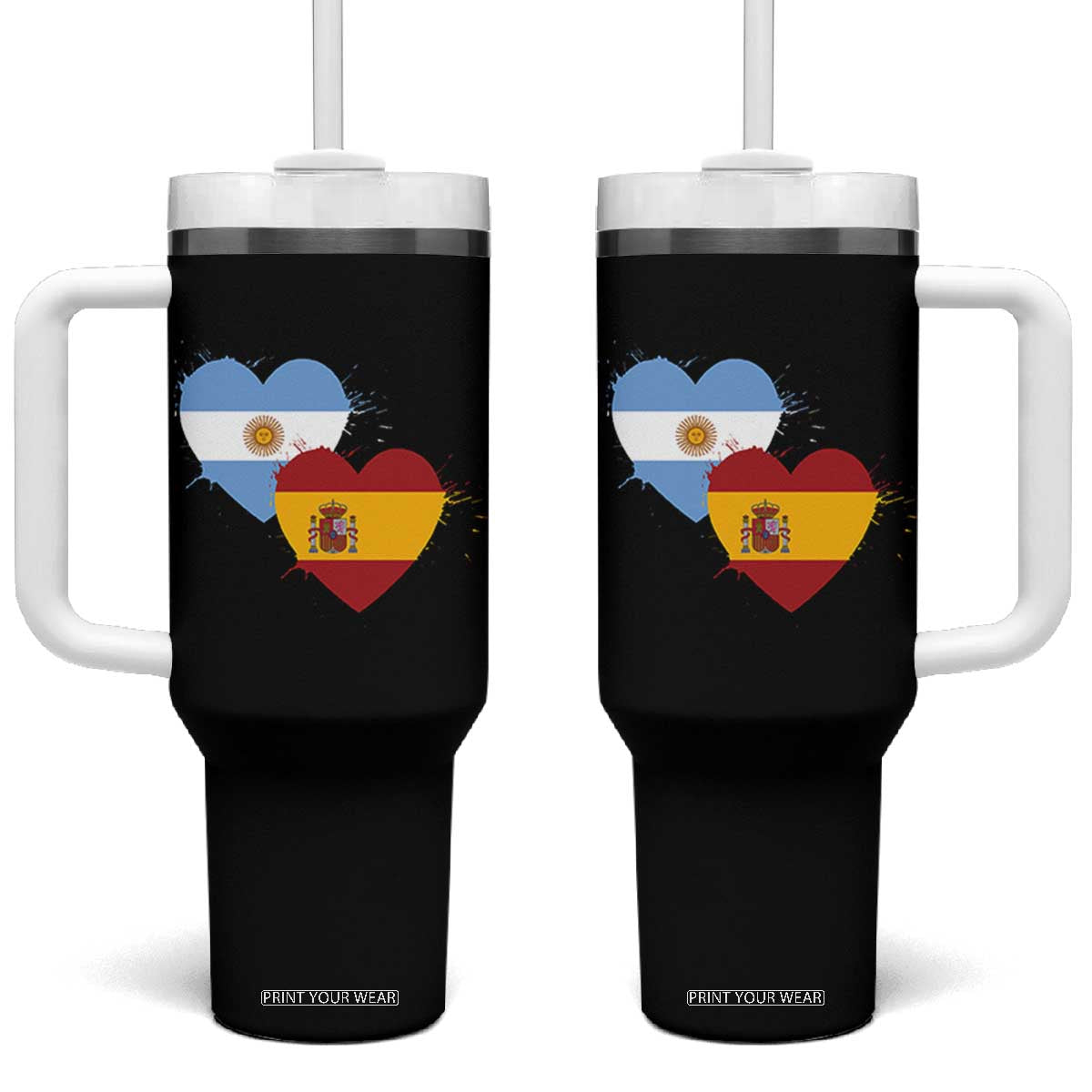 Argentina Spain Flag Two Hearts Graphic Tumbler With Handle Dual Argentine Spanish Heritage Love Pride TS02 One Size: 40 oz Black Print Your Wear