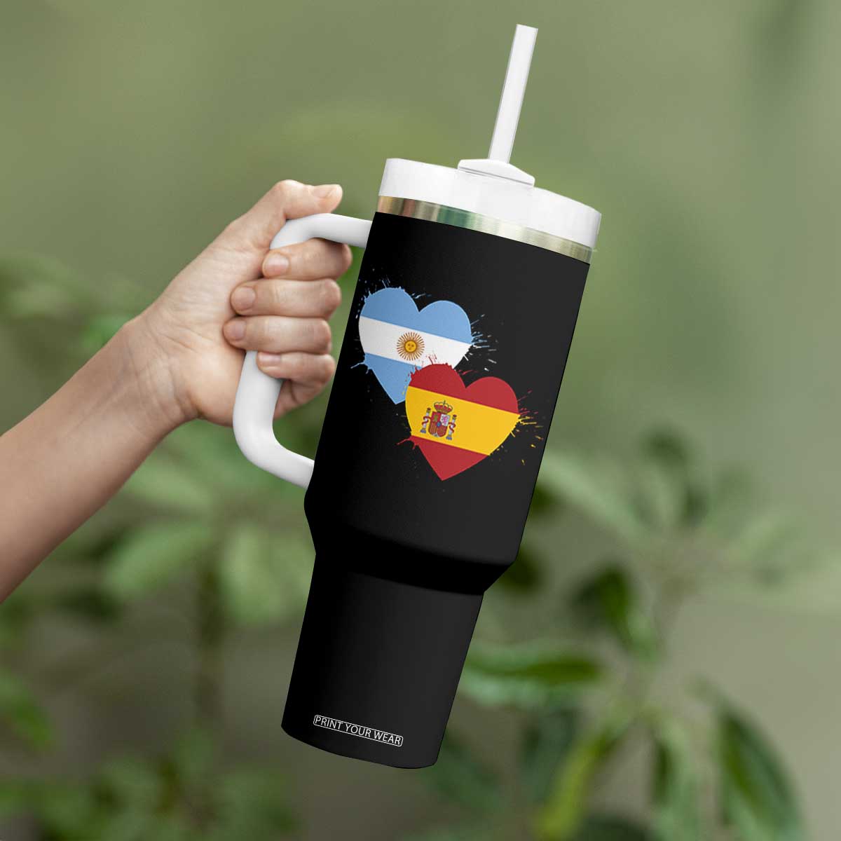 Argentina Spain Flag Two Hearts Graphic Tumbler With Handle Dual Argentine Spanish Heritage Love Pride