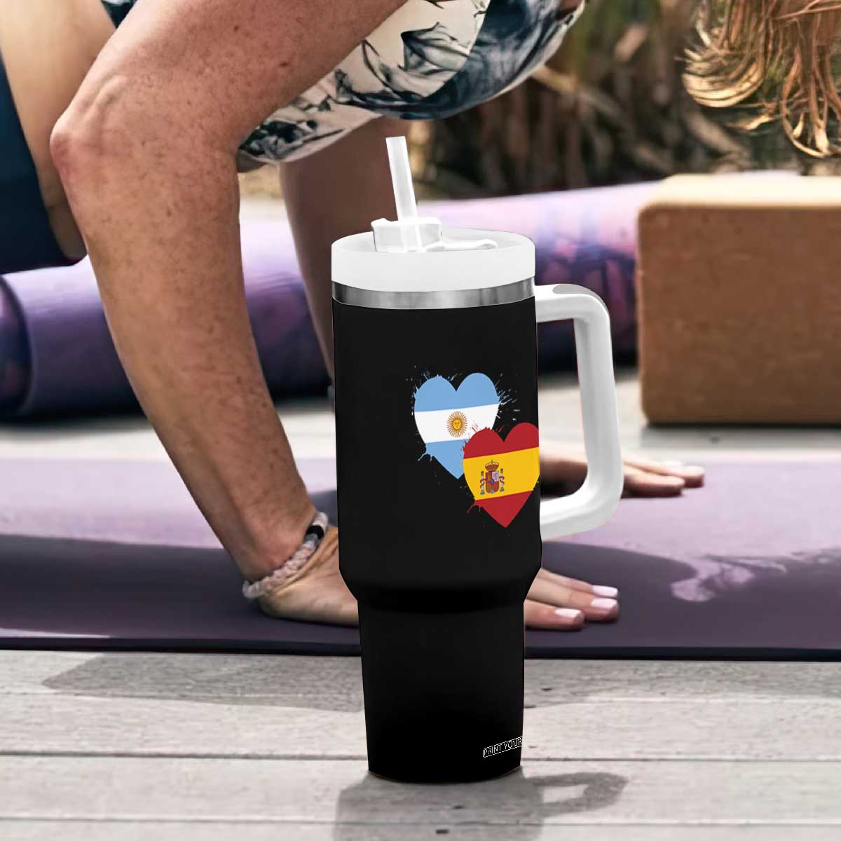 Argentina Spain Flag Two Hearts Graphic Tumbler With Handle Dual Argentine Spanish Heritage Love Pride