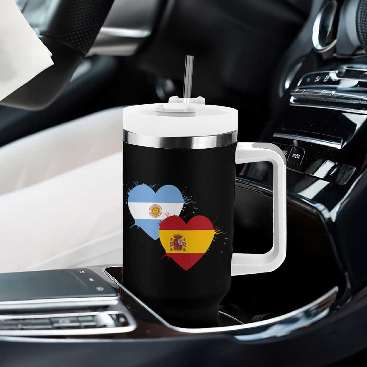 Argentina Spain Flag Two Hearts Graphic Tumbler With Handle Dual Argentine Spanish Heritage Love Pride