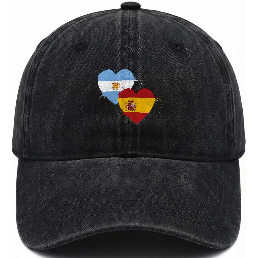 Argentina Spain Flag Two Hearts Graphic Washed Cotton Baseball Cap Dual Argentine Spanish Heritage Love Pride TS02 Print Your Wear