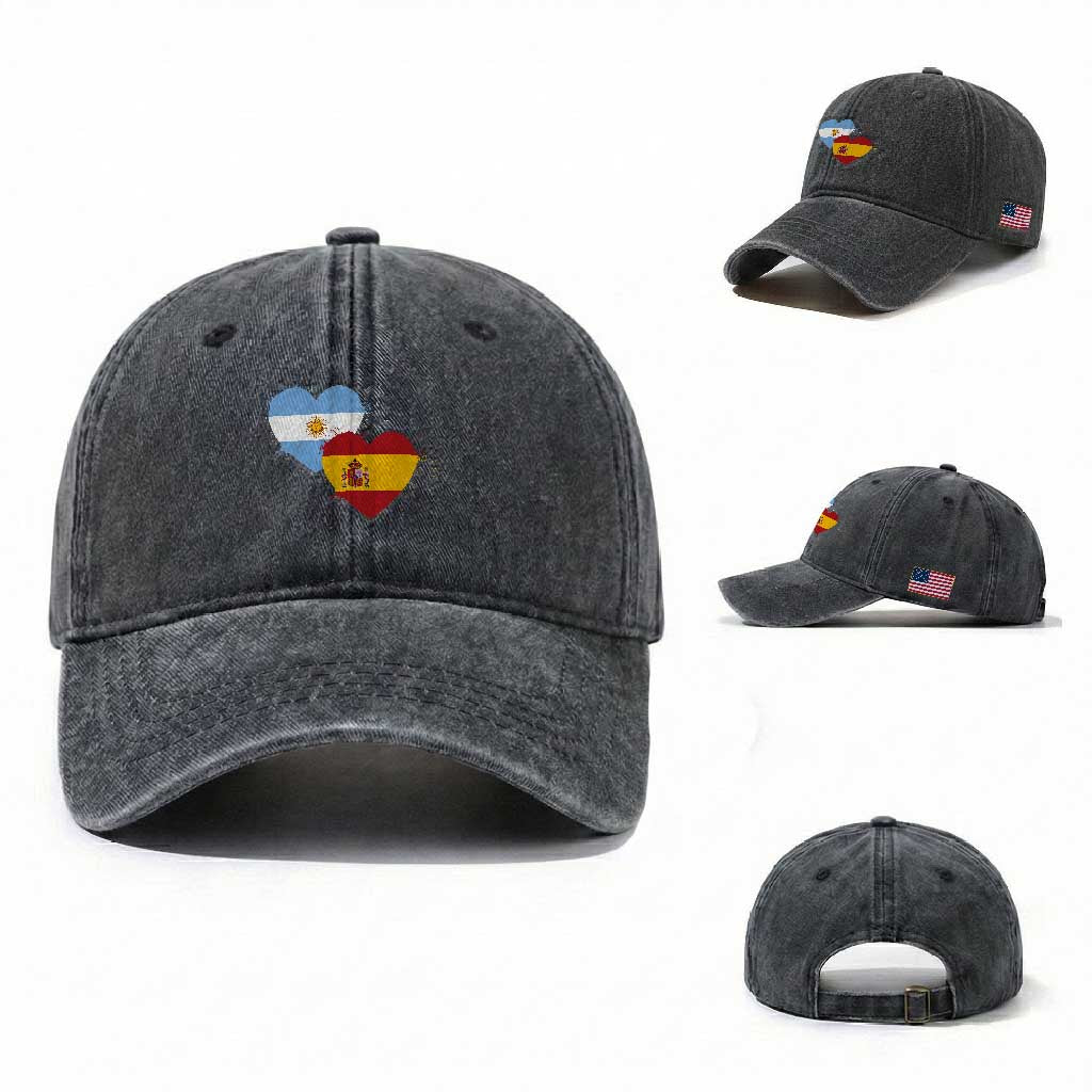 Argentina Spain Flag Two Hearts Graphic Washed Cotton Baseball Cap Dual Argentine Spanish Heritage Love Pride
