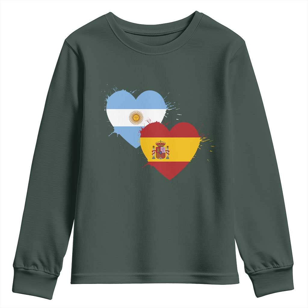 Argentina Spain Flag Two Hearts Graphic Youth Sweatshirt Dual Argentine Spanish Heritage Love Pride