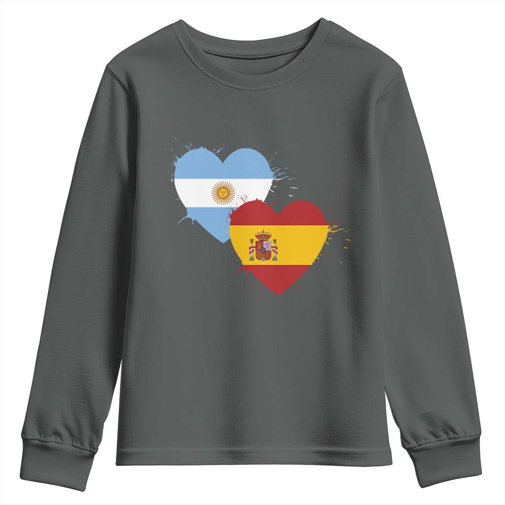 Argentina Spain Flag Two Hearts Graphic Youth Sweatshirt Dual Argentine Spanish Heritage Love Pride