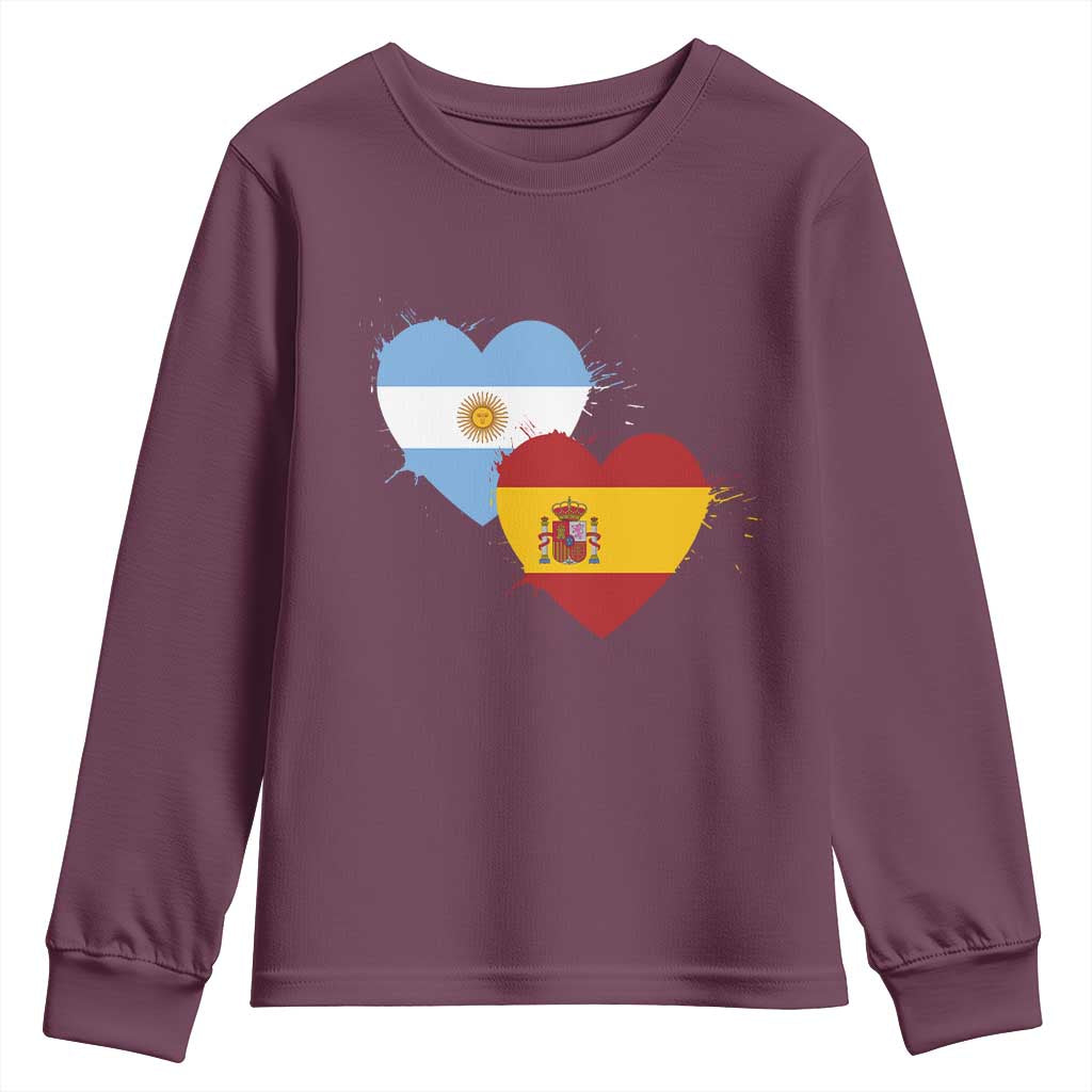 Argentina Spain Flag Two Hearts Graphic Youth Sweatshirt Dual Argentine Spanish Heritage Love Pride