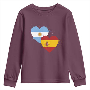 Argentina Spain Flag Two Hearts Graphic Youth Sweatshirt Dual Argentine Spanish Heritage Love Pride