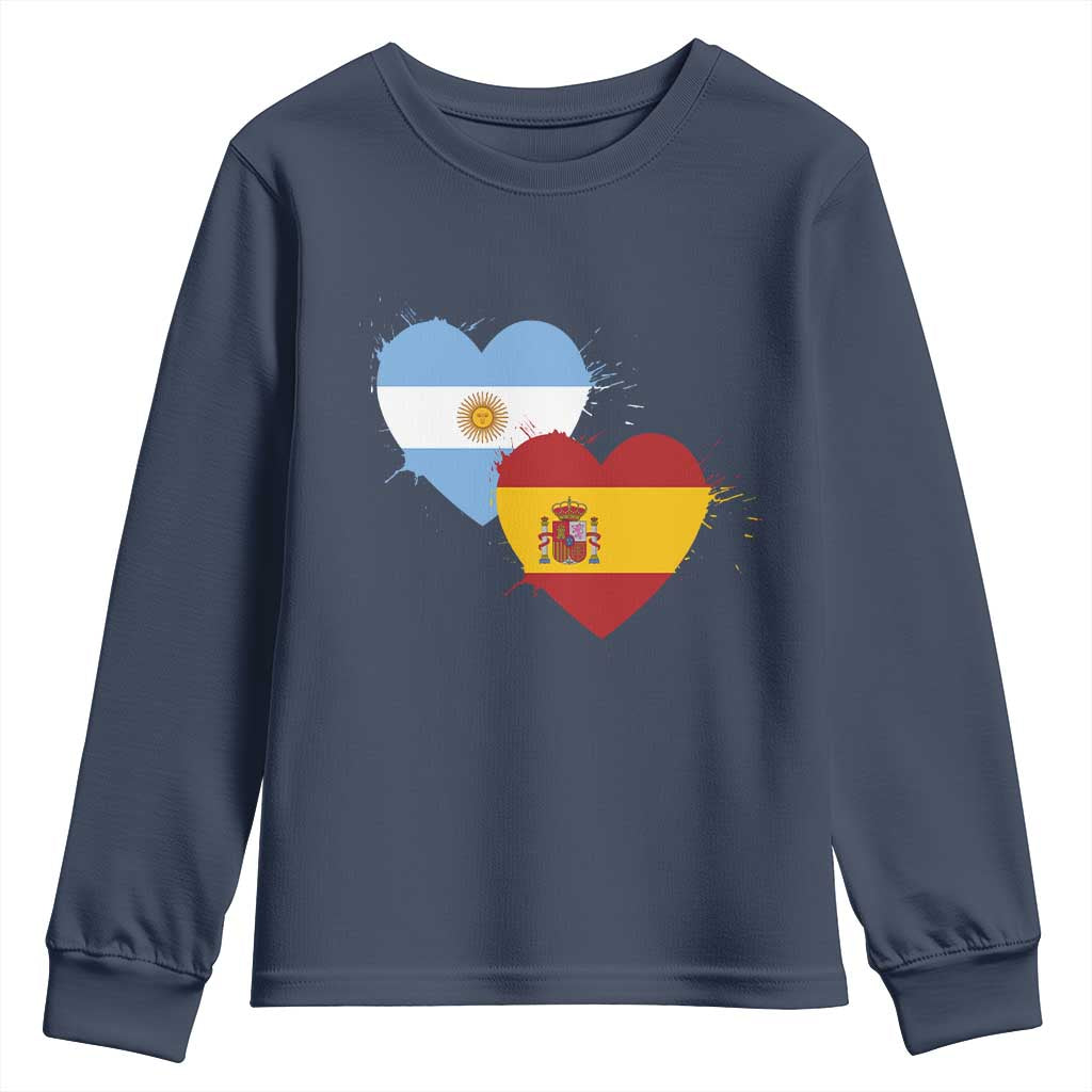 Argentina Spain Flag Two Hearts Graphic Youth Sweatshirt Dual Argentine Spanish Heritage Love Pride
