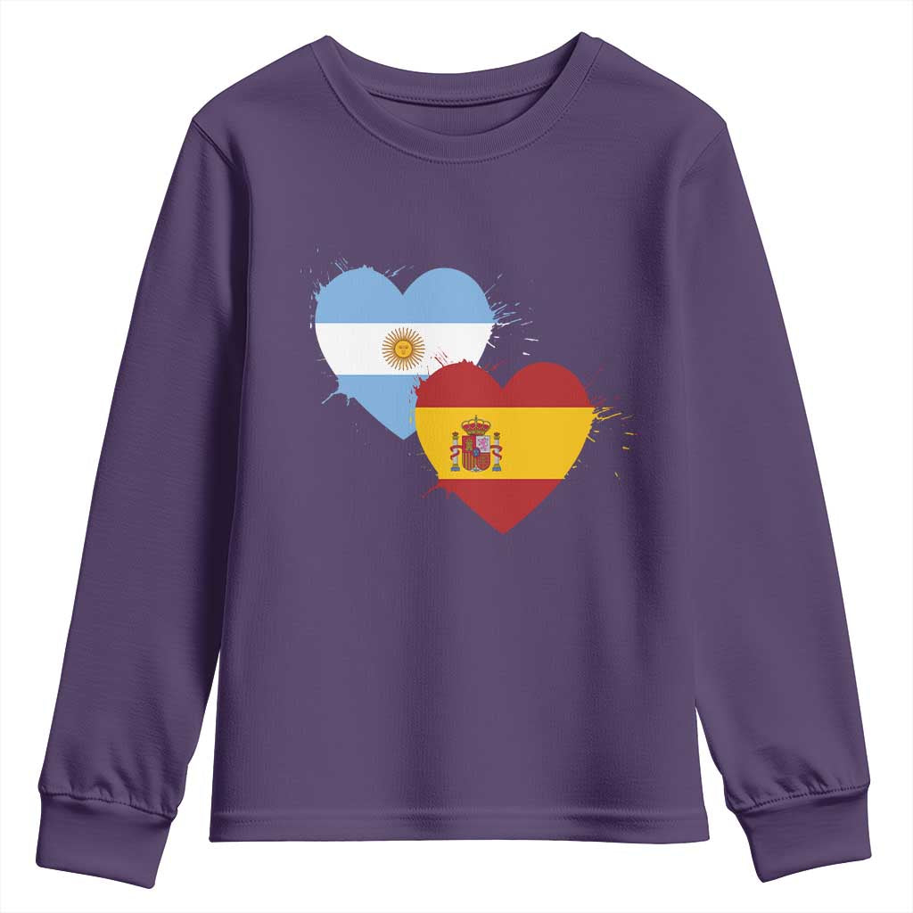 Argentina Spain Flag Two Hearts Graphic Youth Sweatshirt Dual Argentine Spanish Heritage Love Pride