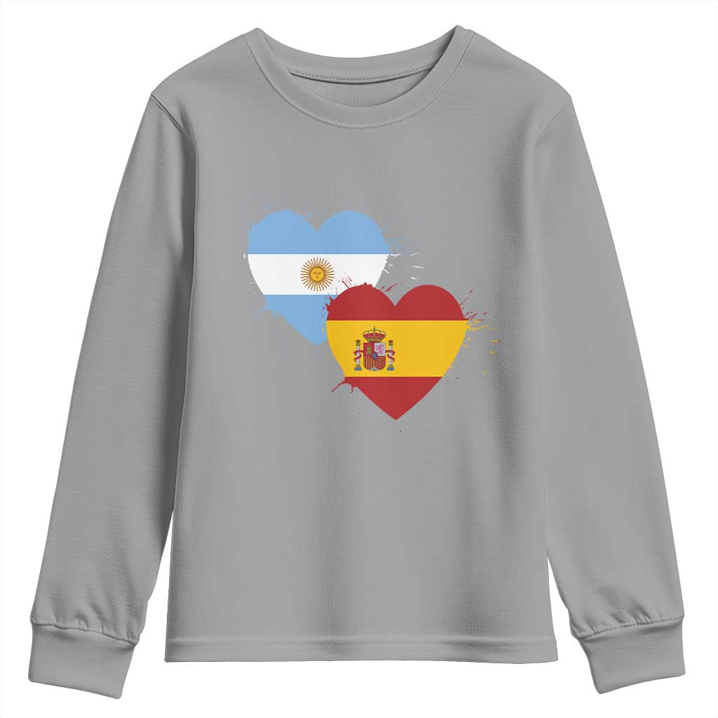 Argentina Spain Flag Two Hearts Graphic Youth Sweatshirt Dual Argentine Spanish Heritage Love Pride
