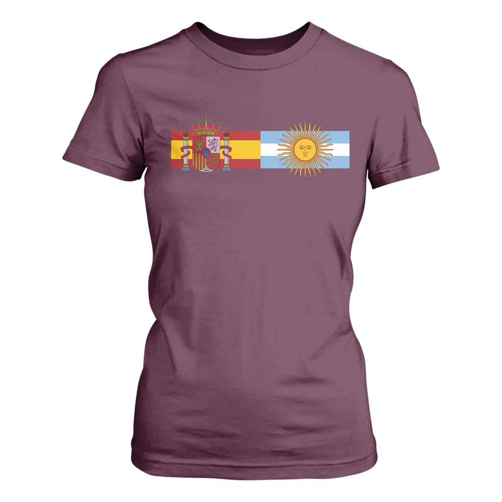 Spain Argentina Dual Flag Graphic T Shirt For Women Mixed Roots Spanish Argentine Heritage Pride Match Day