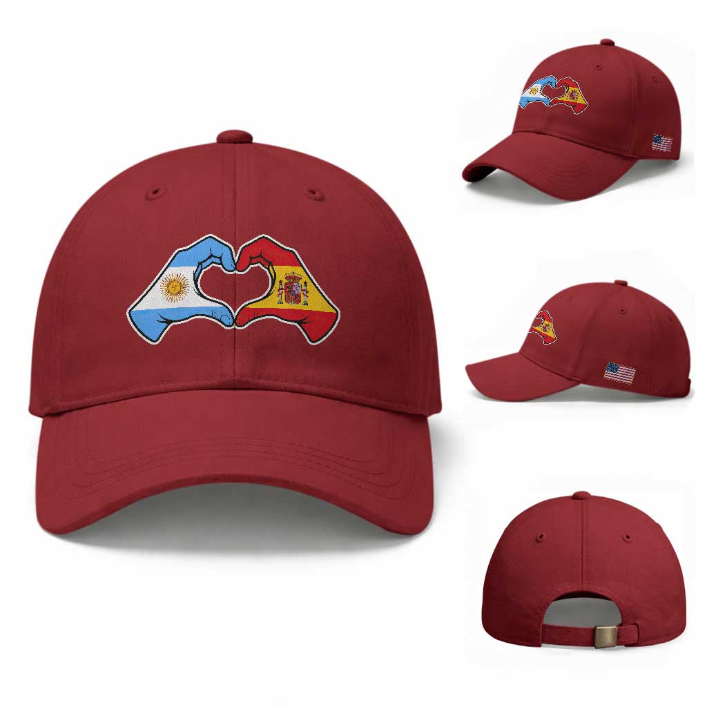 Argentina Spain Flag Heart Hands Graphic Baseball Cap Argentine Spanish Mixed Roots Pride Dual Heritage Match Day