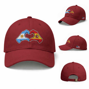 Argentina Spain Flag Heart Hands Graphic Baseball Cap Argentine Spanish Mixed Roots Pride Dual Heritage Match Day