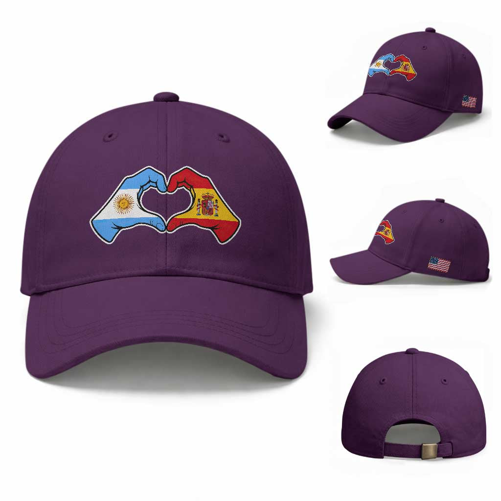 Argentina Spain Flag Heart Hands Graphic Baseball Cap Argentine Spanish Mixed Roots Pride Dual Heritage Match Day