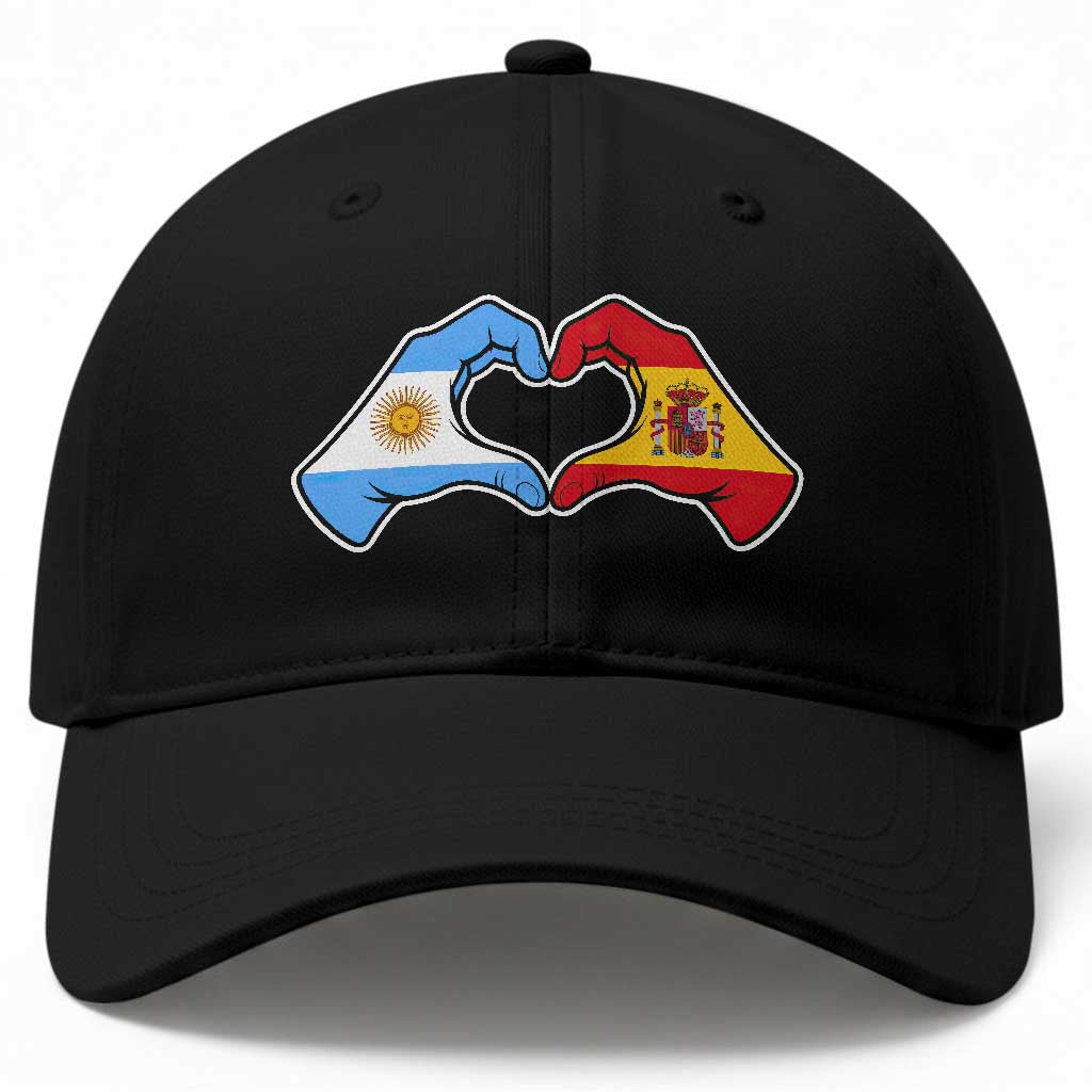 Argentina Spain Flag Heart Hands Graphic Baseball Cap Argentine Spanish Mixed Roots Pride Dual Heritage Match Day TS02 Print Your Wear