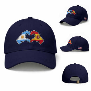 Argentina Spain Flag Heart Hands Graphic Baseball Cap Argentine Spanish Mixed Roots Pride Dual Heritage Match Day