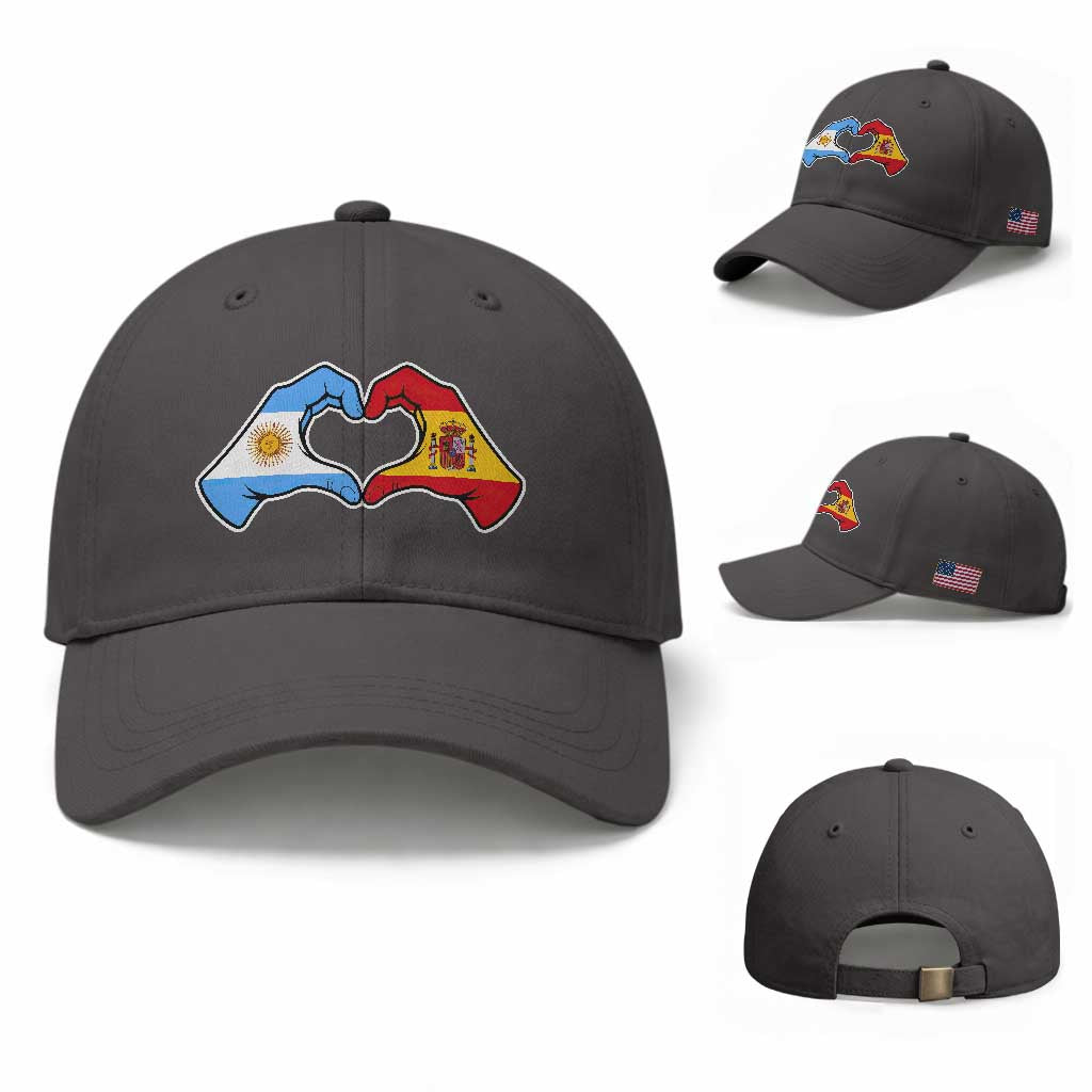 Argentina Spain Flag Heart Hands Graphic Baseball Cap Argentine Spanish Mixed Roots Pride Dual Heritage Match Day