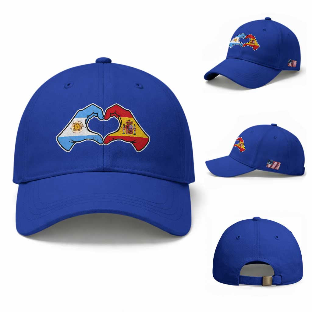 Argentina Spain Flag Heart Hands Graphic Baseball Cap Argentine Spanish Mixed Roots Pride Dual Heritage Match Day