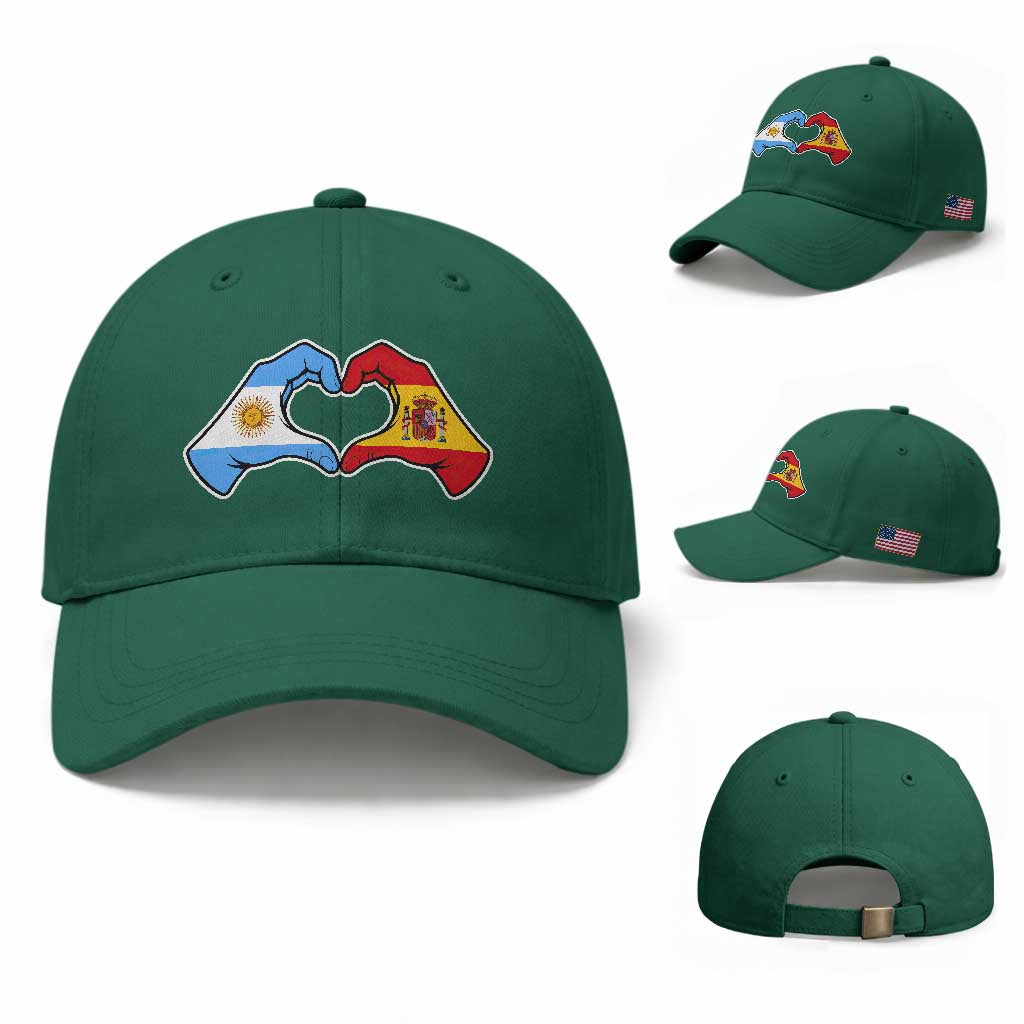 Argentina Spain Flag Heart Hands Graphic Baseball Cap Argentine Spanish Mixed Roots Pride Dual Heritage Match Day