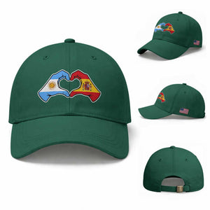 Argentina Spain Flag Heart Hands Graphic Baseball Cap Argentine Spanish Mixed Roots Pride Dual Heritage Match Day