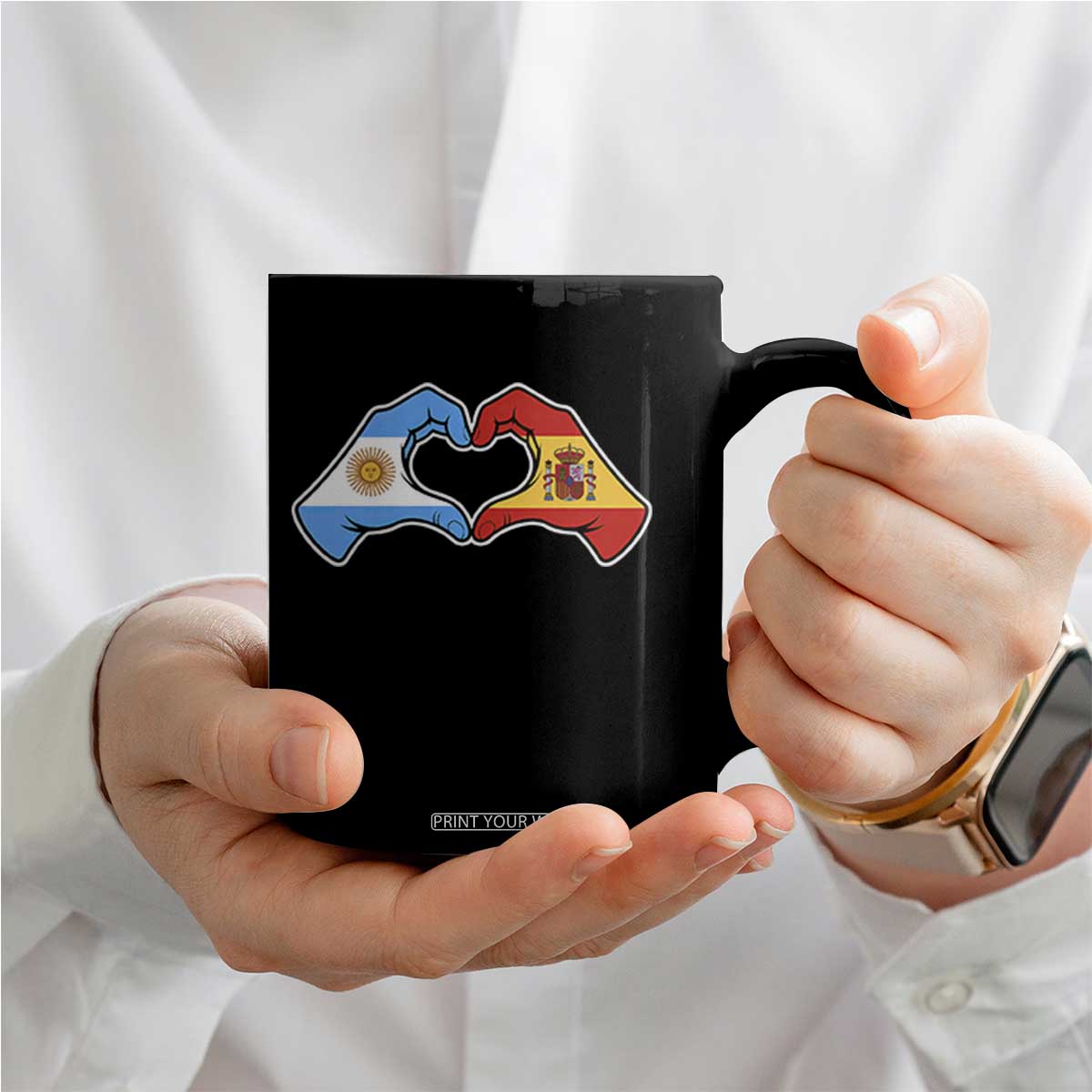 Argentina Spain Flag Heart Hands Graphic Coffee Mug Argentine Spanish Mixed Roots Pride Dual Heritage Match Day