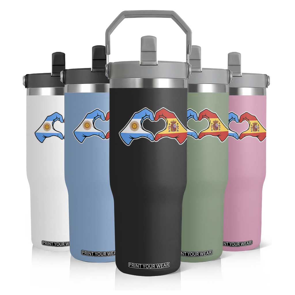 Argentina Spain Flag Heart Hands Graphic Flip Straw Tumbler Argentine Spanish Mixed Roots Pride Dual Heritage Match Day