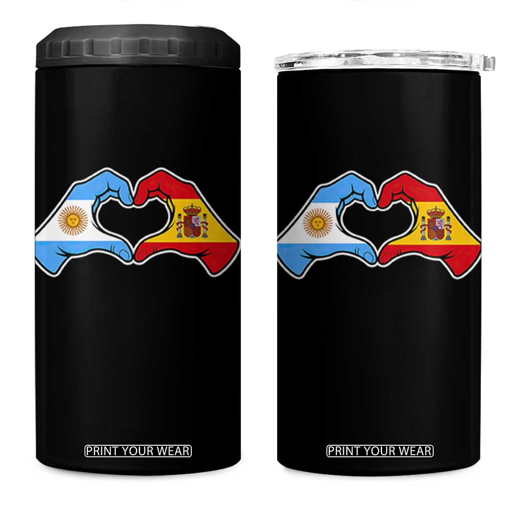 Argentina Spain Flag Heart Hands Graphic 4 in 1 Can Cooler Tumbler Argentine Spanish Mixed Roots Pride Dual Heritage Match Day
