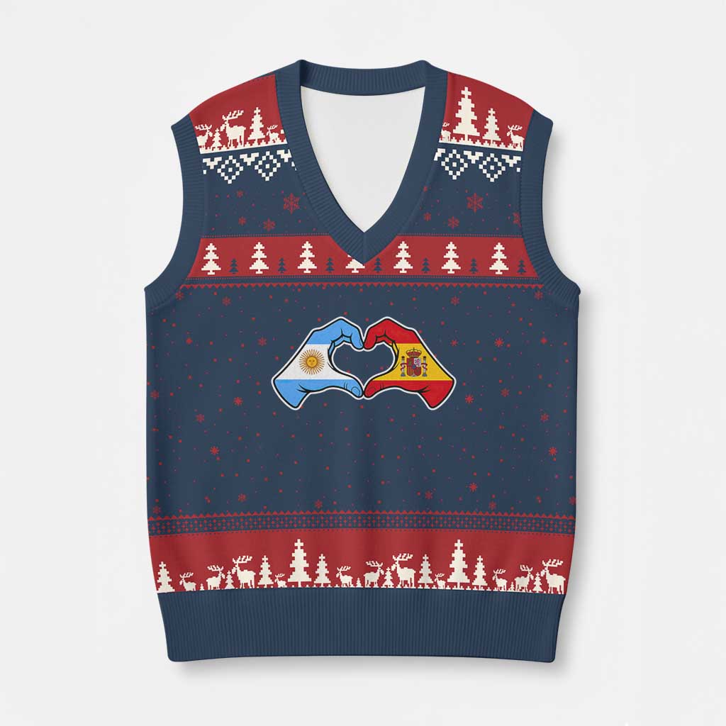 Argentina Spain Flag Heart Hands Graphic V-Neck Knit Sweater Vest Argentine Spanish Mixed Roots Pride Dual Heritage Match Day