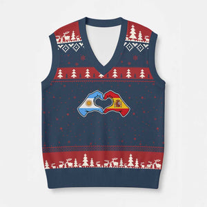 Argentina Spain Flag Heart Hands Graphic V-Neck Knit Sweater Vest Argentine Spanish Mixed Roots Pride Dual Heritage Match Day