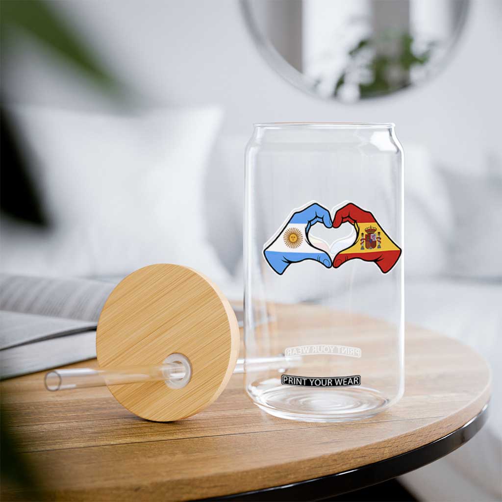 Argentina Spain Flag Heart Hands Graphic Glass Can Argentine Spanish Mixed Roots Pride Dual Heritage Match Day