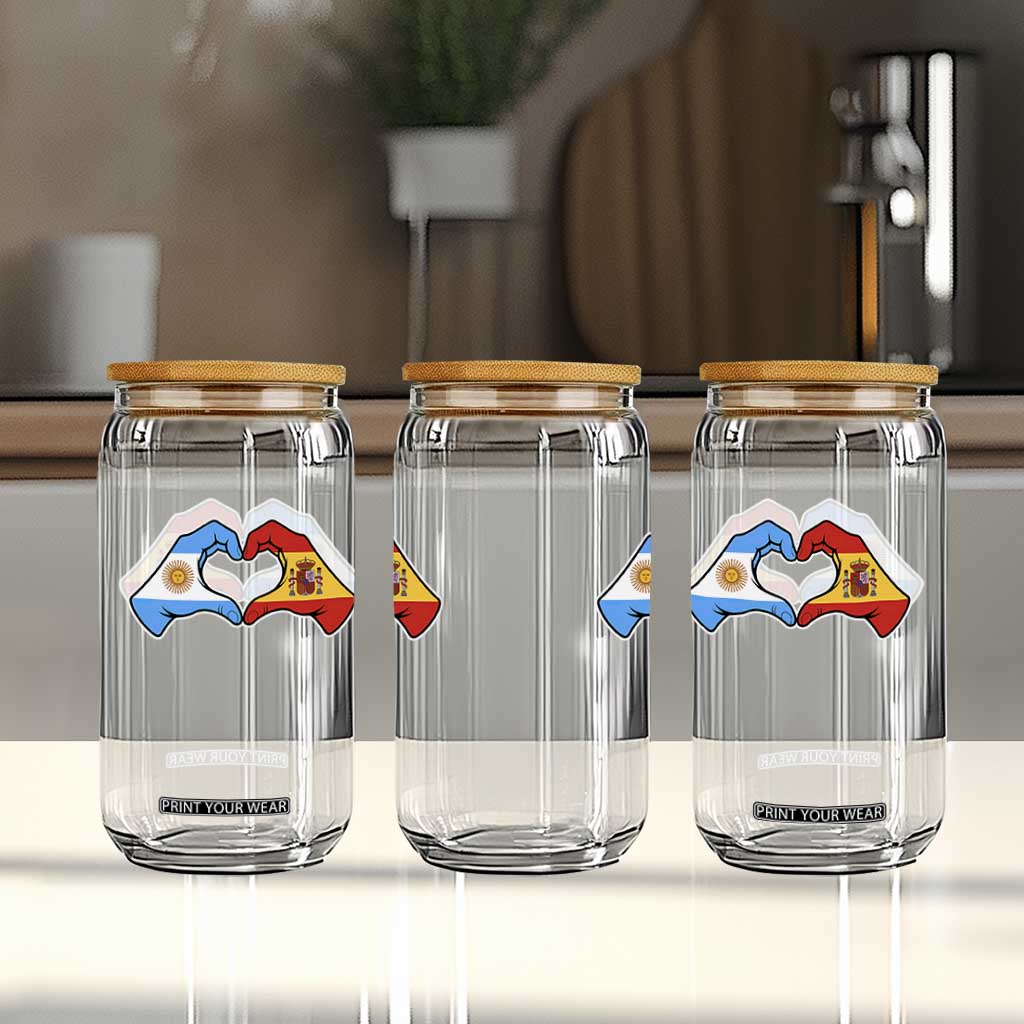 Argentina Spain Flag Heart Hands Graphic Glass Can Argentine Spanish Mixed Roots Pride Dual Heritage Match Day