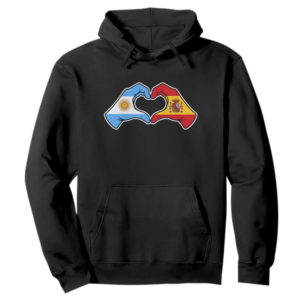 Argentina Spain Flag Heart Hands Graphic Hoodie Argentine Spanish Mixed Roots Pride Dual Heritage Match Day