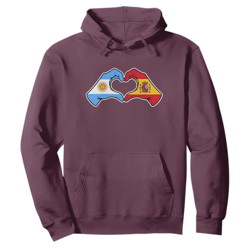 Argentina Spain Flag Heart Hands Graphic Hoodie Argentine Spanish Mixed Roots Pride Dual Heritage Match Day