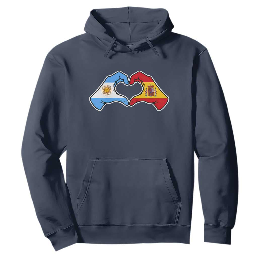 Argentina Spain Flag Heart Hands Graphic Hoodie Argentine Spanish Mixed Roots Pride Dual Heritage Match Day