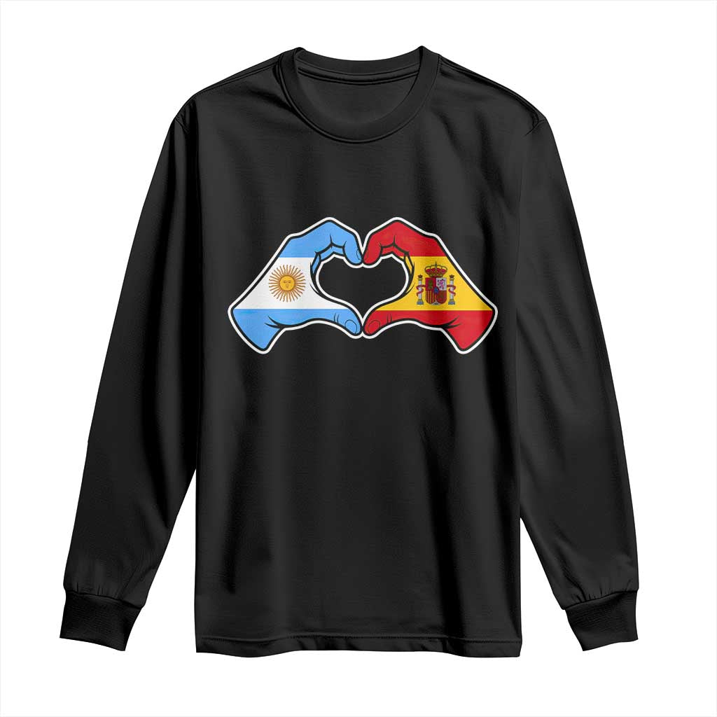 Argentina Spain Flag Heart Hands Graphic Long Sleeve Shirt Argentine Spanish Mixed Roots Pride Dual Heritage Match Day