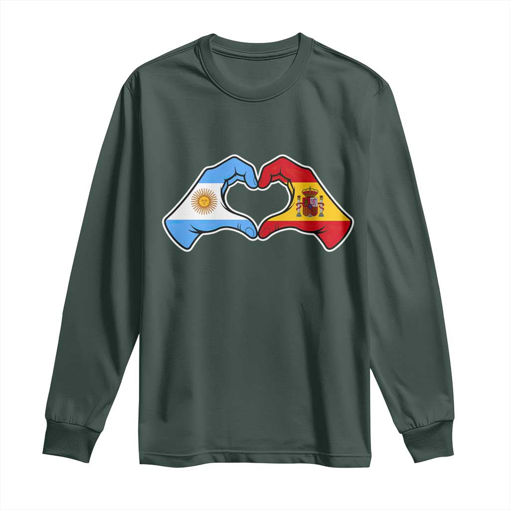 Argentina Spain Flag Heart Hands Graphic Long Sleeve Shirt Argentine Spanish Mixed Roots Pride Dual Heritage Match Day