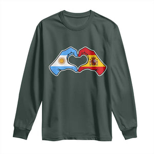 Argentina Spain Flag Heart Hands Graphic Long Sleeve Shirt Argentine Spanish Mixed Roots Pride Dual Heritage Match Day