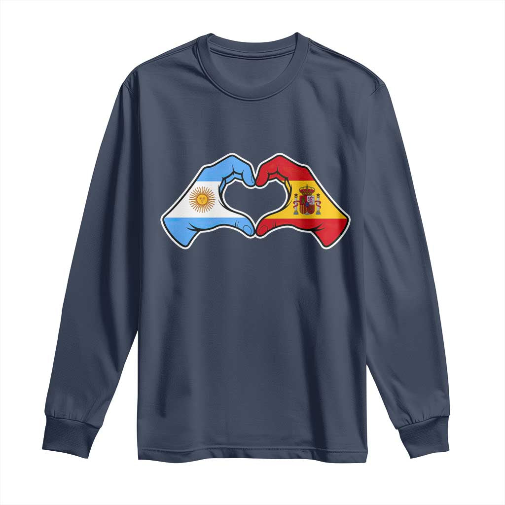 Argentina Spain Flag Heart Hands Graphic Long Sleeve Shirt Argentine Spanish Mixed Roots Pride Dual Heritage Match Day